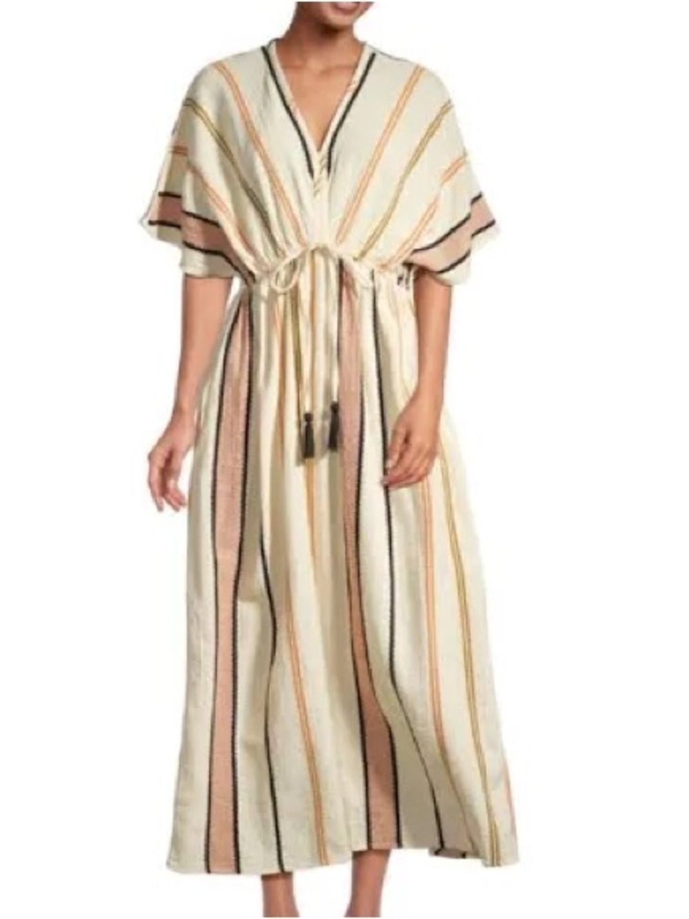 World Market Mira Kaftan Dress Ivory Peach Stripe Drawstring Maxi Size S/M
